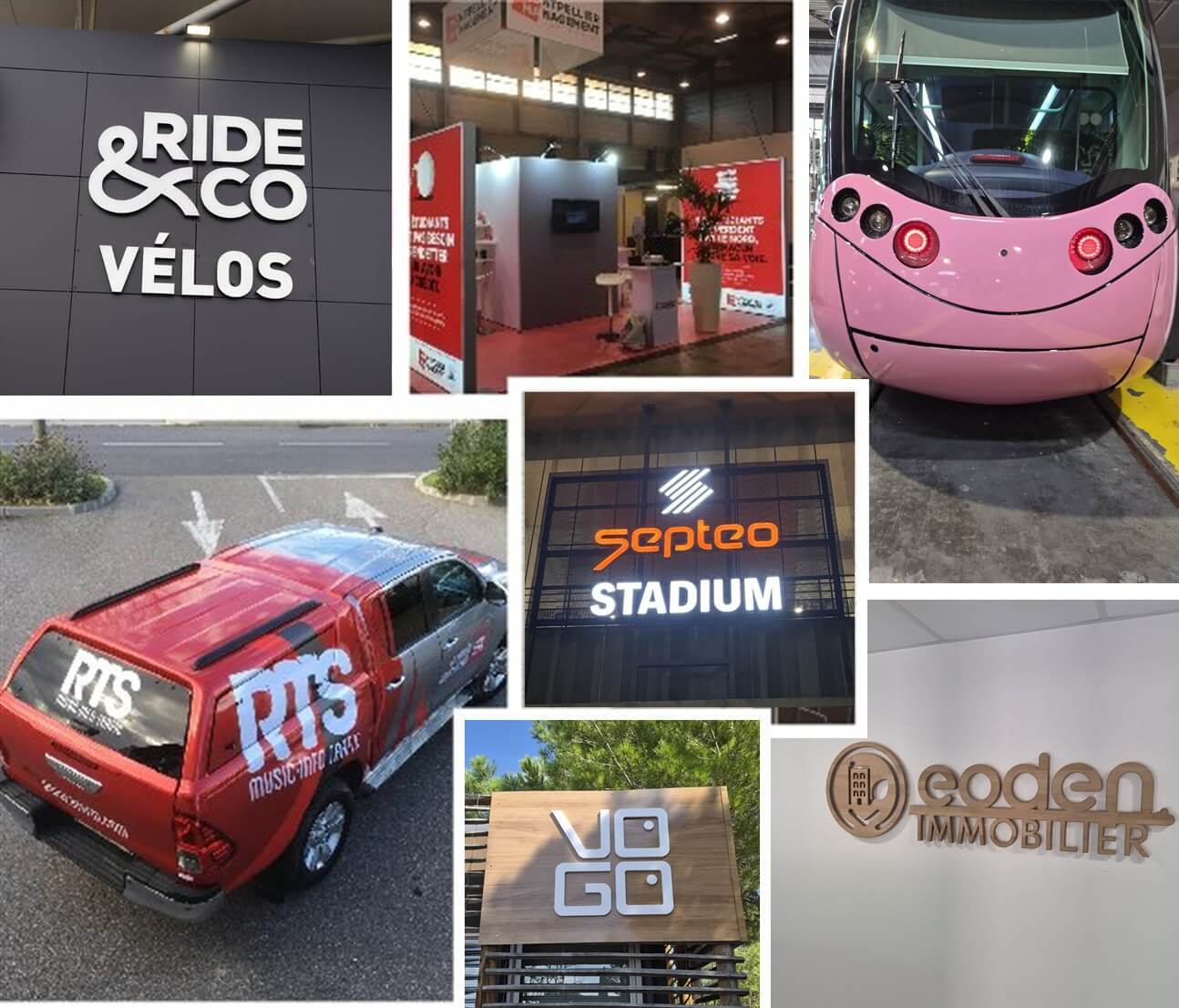 Réalisations Visual Factory à Montpellier : enseigne lumineuse Septeo Stadium, enseigne Ride and Co, covering de tramway et de véhicule, stand, enseignes VOGO et Eoden Immobilier